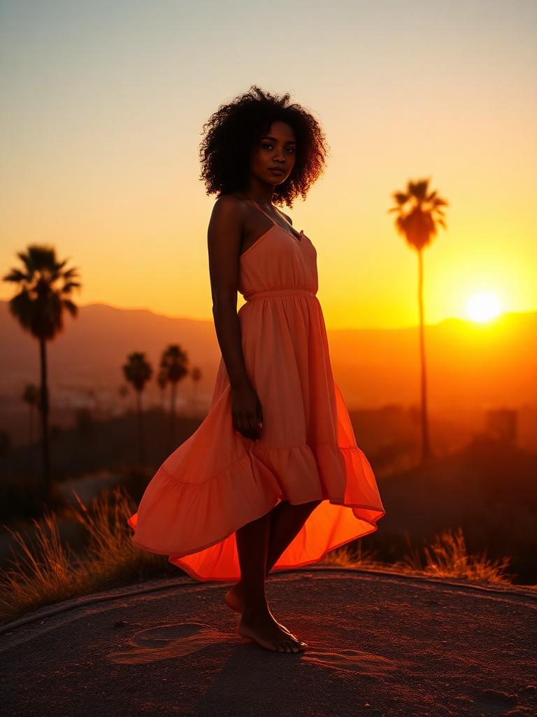 Nala dancing barefoot in a sundress at sunset